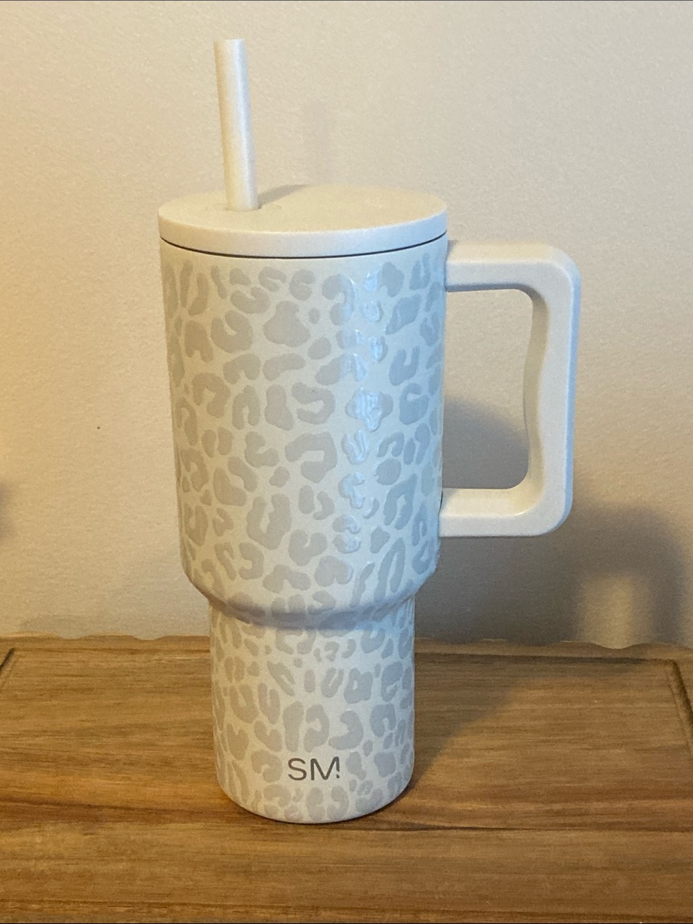 SM Cream Leopard Print Travel Tumbler with Handle and Straw